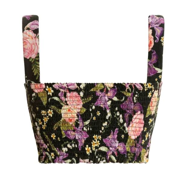 Agua Bendita Leah Dreaming Crop Top, Smocked | Womens L, Black Floral NEW - Picture 2 of 8